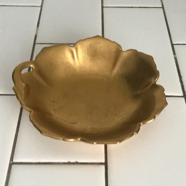 Vintage Pickard trinket display bowl gold collectible embossed floral pattern leaf shape fine bone china #197