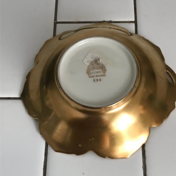 Vintage Pickard trinket display bowl gold collectible embossed floral pattern leaf shape fine bone china #197