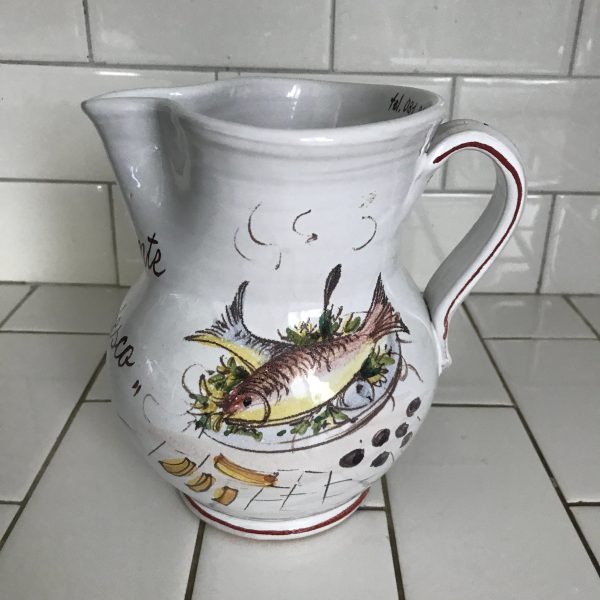 Vintage Pitcher Italy SIGNED by Anthony Zen Nove Fish Motif Ristorante "Dal Tedesco"  phone number collectible advertising Italian Pottery