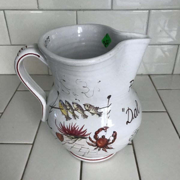 Vintage Pitcher Italy SIGNED by Anthony Zen Nove Fish Motif Ristorante "Dal Tedesco"  phone number collectible advertising Italian Pottery