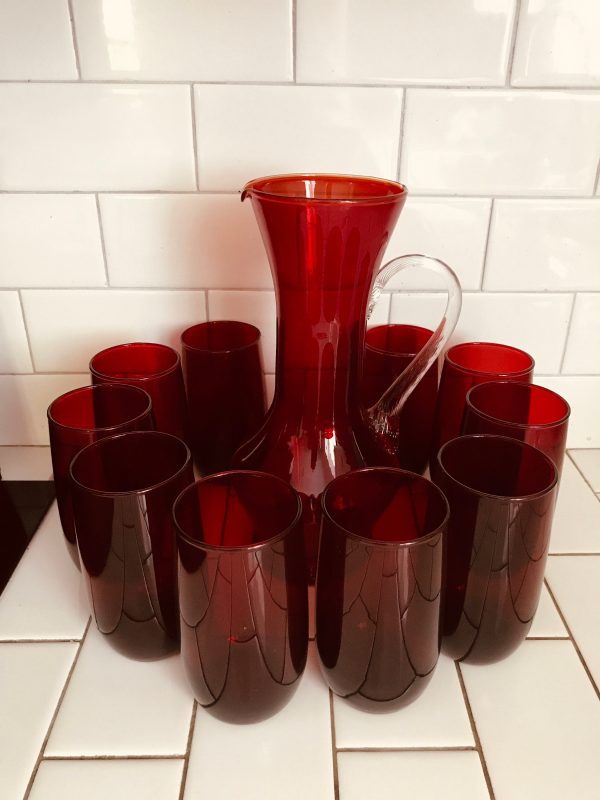 Vintage Red Glass pitcher and 10 tumblers serving dining collectible blown glass water pitcher with applied handle display fine dining