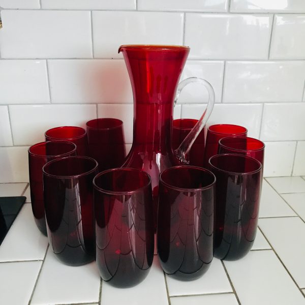 Vintage Red Glass pitcher and 10 tumblers serving dining collectible blown glass water pitcher with applied handle display fine dining