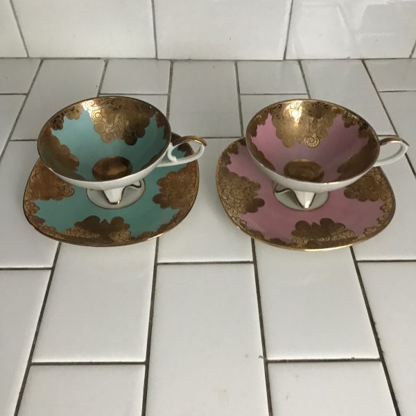 Vintage RW Bavaria Tea cup and saucer PAIR Rudolf Wacther Heavy Gold Aqua and Pink Western Germany collectible display square saucers
