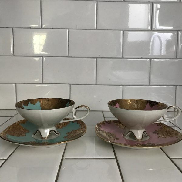 Vintage RW Bavaria Tea cup and saucer PAIR Rudolf Wacther Heavy Gold Aqua and Pink Western Germany collectible display square saucers