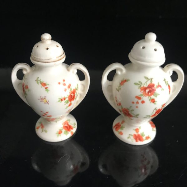 Vintage Salt and Pepper Shaker Small double handle urns with orange flowers collectible kitchen display