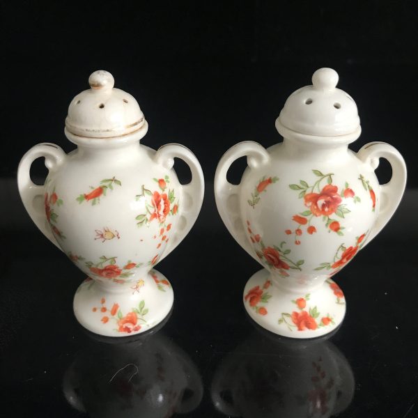 Vintage Salt and Pepper Shaker Small double handle urns with orange flowers collectible kitchen display