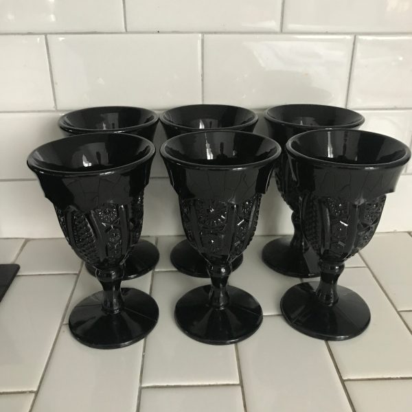 Vintage set of 6 Black wine glasses stemware barware collectible  drinkware display 6 oz glasses dining serving barware