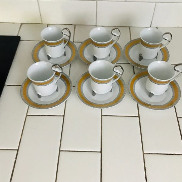 Vintage set of 6 GNA Demitasse tea cup and saucers collectible display breakfasst silver and gold footed Fine Porcelain Italy