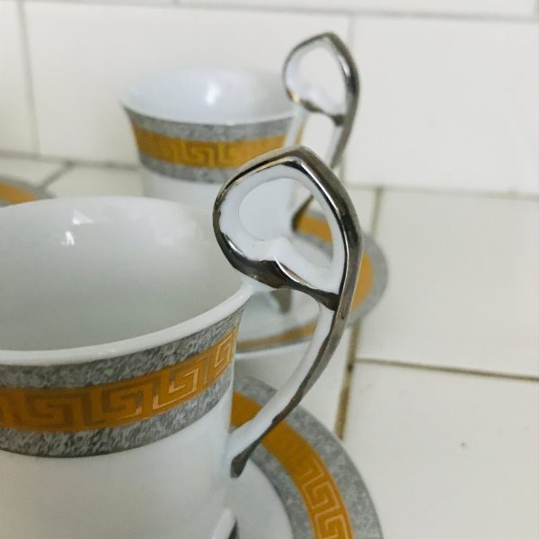 Vintage set of 6 GNA Demitasse tea cup and saucers collectible display breakfasst silver and gold footed Fine Porcelain Italy