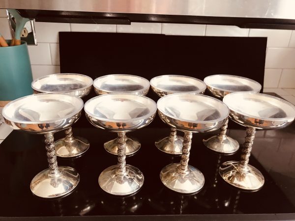 Vintage Set of 8 Shallow champagne Spain Silverplate on Brass with liners ornate stems collectible display special event