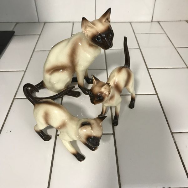 Vintage Siames Cat Figurines collectible display mid century mother with 2 kittens brown & beige darling eyes collectible display farmhouse