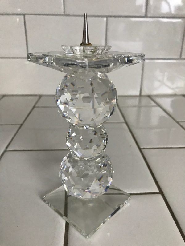 Vintage Swarovski crystal candlestick holder elegant cut crystal paneled golf ball style edges collectible display taper holder
