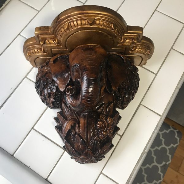 Vintage Wall Shelf Carved Wooden Elephant Very unique and detailed gold top shelf brown carvings collectible vintage home decor animals