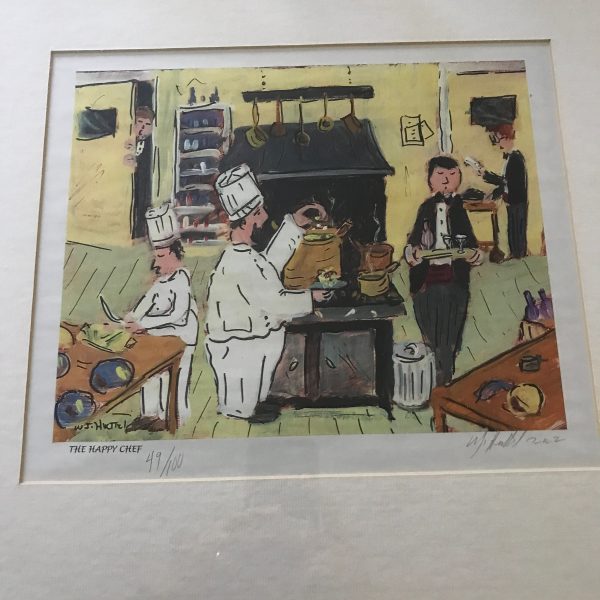 Vintage Wilfred J."Chick" Heuttel Famous Artist "The Happy Chef" signed numbered print 49/100 framed under glass collectible Kitchen Artwork
