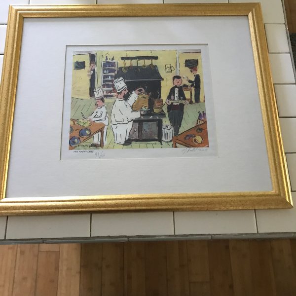 Vintage Wilfred J."Chick" Heuttel Famous Artist "The Happy Chef" signed numbered print 49/100 framed under glass collectible Kitchen Artwork